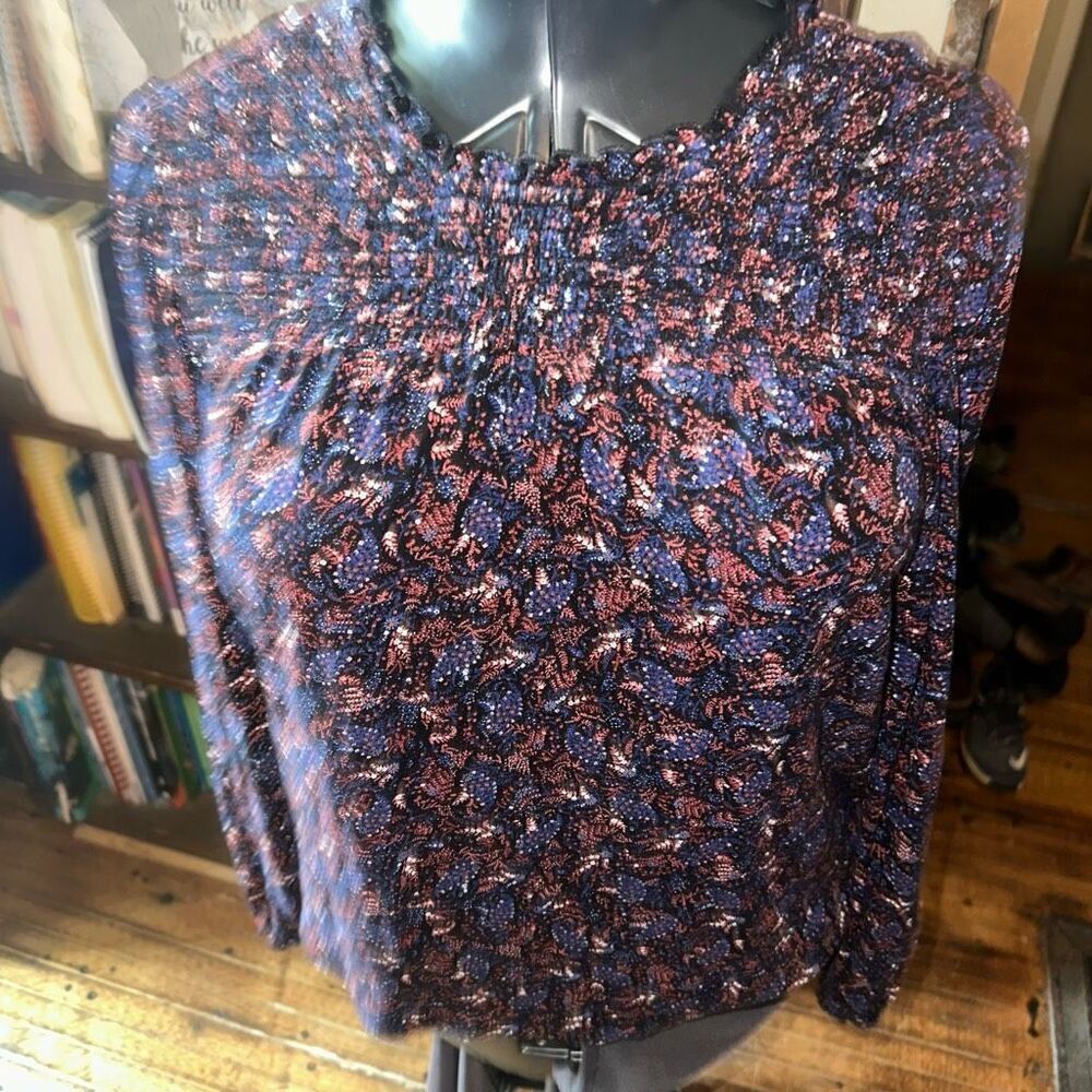 Lucky Brand boho peasant smocked high neck L blouse